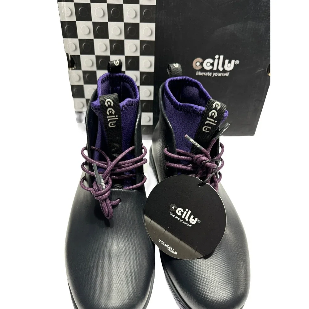 Ccilu Panto Pola Women High Top Ankle Boots Lace-up Rainboots Royal Purple‎ Sz 7